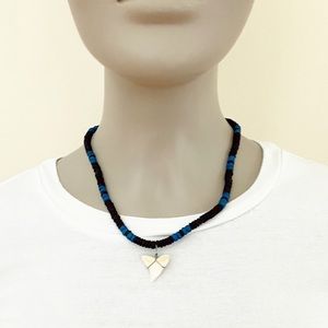 🦈 Blue & brown bead shark tooth necklace